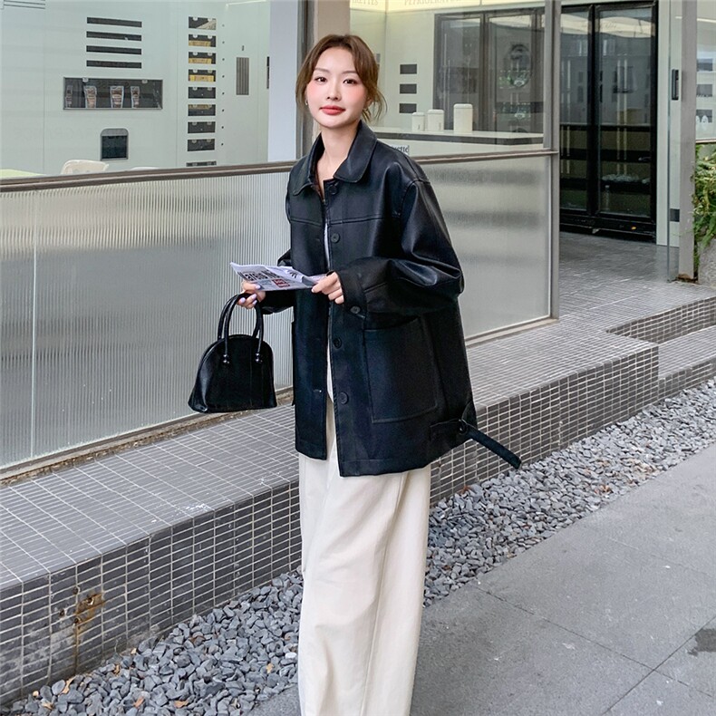 2025春季新款时尚法式复古翻领单排扣皮衣外套女休闲百搭简约上衣,女装皮衣,2C258