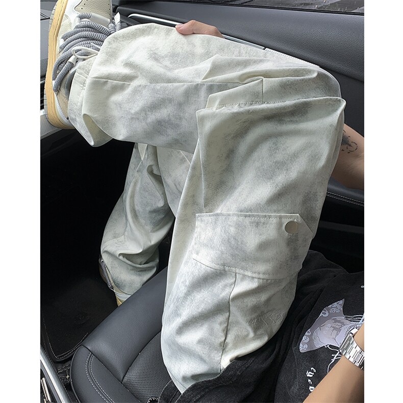 特批P40无差价夏季扎染脏脏裤冰丝褶皱工装裤垂感阔腿长裤男K1448,男装休闲裤,电商A001-1