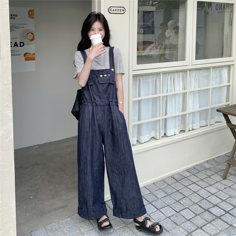 盐系学院风牛仔背带裤套装夏女2025新款宽松条纹T恤休闲两件套女图片