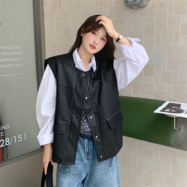 黑色高级感皮衣时尚洋气2025秋新款pu皮马甲圆领外套女,女装皮衣,2C229