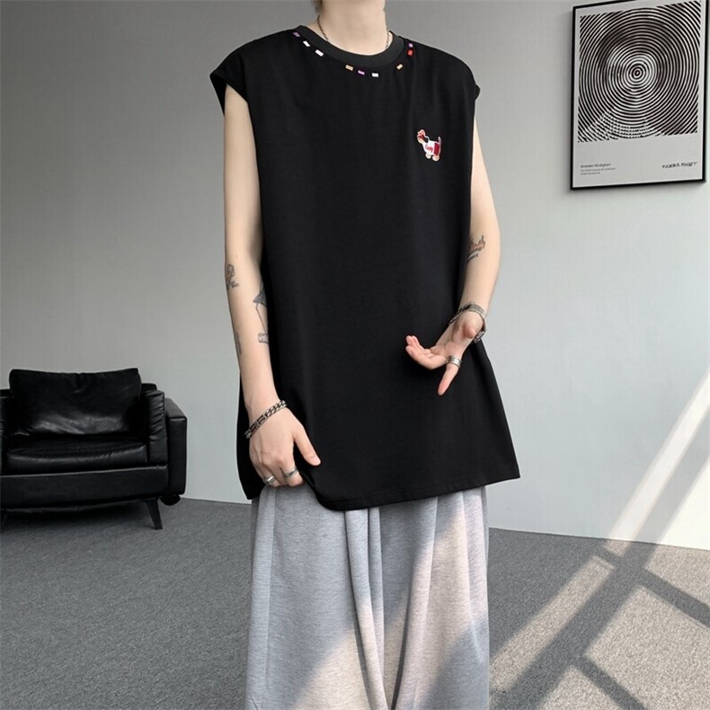 美式重磅腊肠狗彩虹纯棉刺绣背心运动坎肩大码无袖T恤BX1601特P35,男装T恤,电商B238