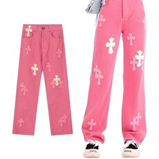 重工拼皮十字架牛仔裤女设计感小众多巴胺直筒长裤子AM933P62，男装皮裤，星座1013-5