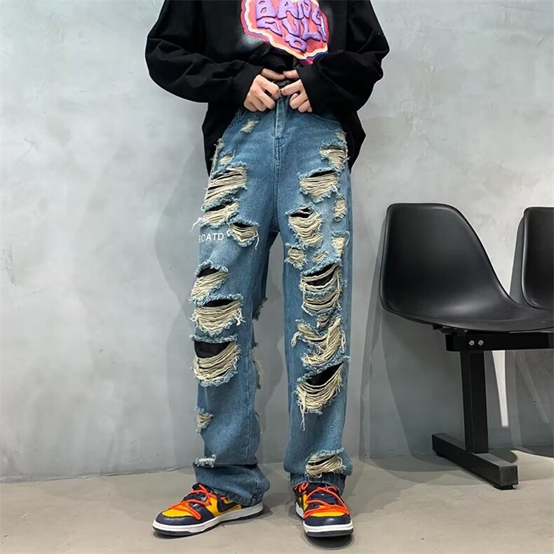 破洞拉丝牛仔裤子男美式vintage设计感N8515P52,男装牛仔裤,星座1116-2