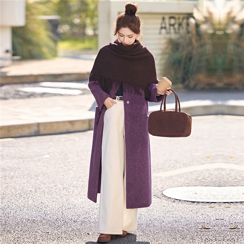 2025冬季新款双面绒羊毛大衣中长款过膝配流苏披肩围巾毛呢外套潮，女装毛呢外套，朵莱米