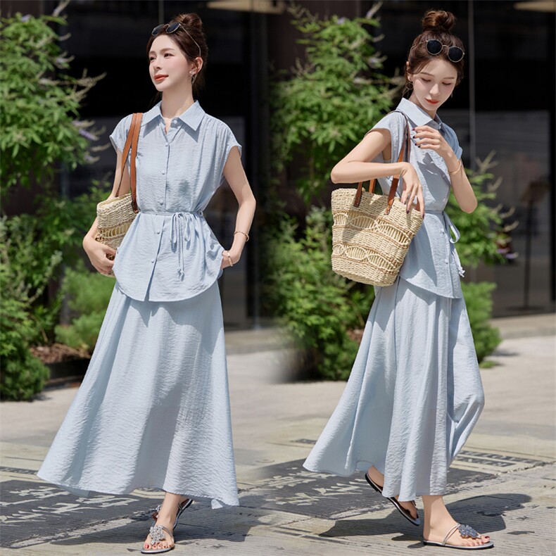 优雅新中潮夏日裙两件套女2025夏季新款设计感衬衫半身裙套装显瘦，女装套装/套裙，意芙