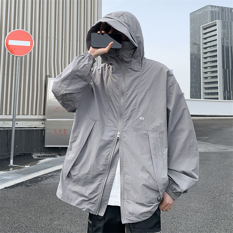 港风大码日系复古纯色连帽薄款防晒衣男潮XZ213-JKFS01-P55控78,男装防晒衣,星座213