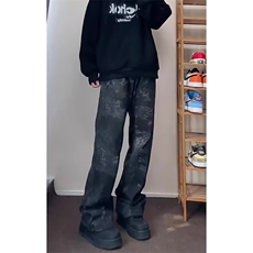 现货潮流迷彩蛇纹高腰牛仔裤男女修身直筒裤LS60311-P44加绒53，男装牛仔裤，星座1008