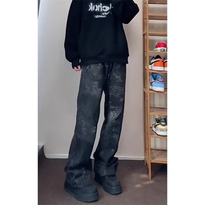 现货 潮流迷彩蛇纹高腰牛仔裤男女修身直筒裤LS60311-P44 加绒53图片