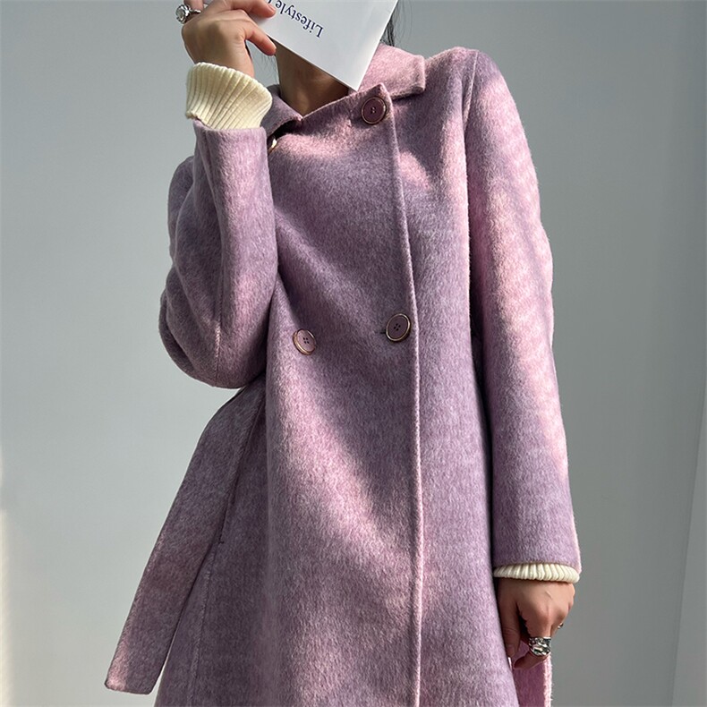冬季加厚款~修身羊驼绒双面羊绒大衣女长款显瘦正品紫色毛呢外套6,女装双面呢大衣,蒙绒特