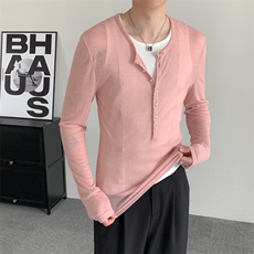 夏装时髦弹力深V打底肉粉色polo衫修身显瘦设计感长袖polo男女，男装Polo衫，星座909