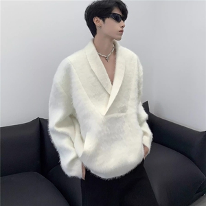纯色V领软糯慵懒风针织衫男女秋冬韩系轻奢水貂毛绒潮流毛衣外套图片