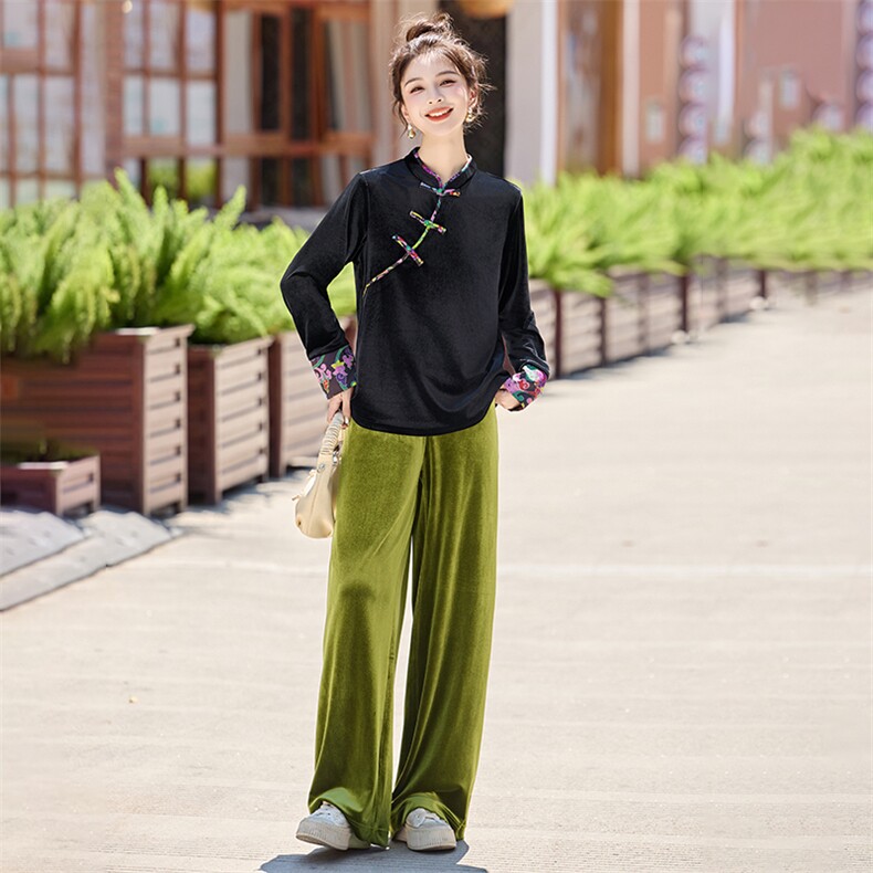 新中式套装女2025秋装新款盘扣长袖丝绒两件套,女装套装/套裙,天丝秀