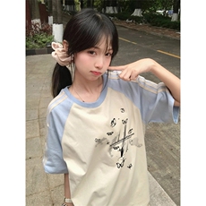 抖音得物品质二开240克宽松纯棉美式潮牌插肩三杠织带短袖T恤，男装T恤，电商A486
