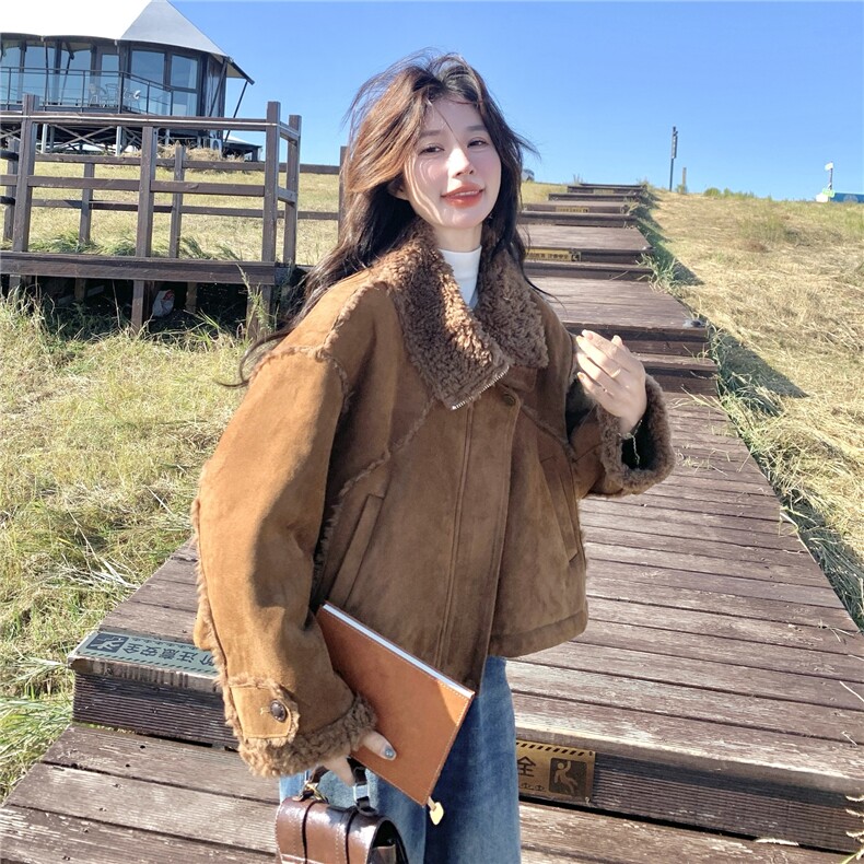 美拉德咖色仿皮毛一体棉服外套女冬2025新款韩系小个子短款上衣,女装短外套,2C259