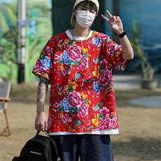 HT202男士夏大码人棉大花红黑圆领短袖透气凉爽TEE恤棉纱风，男装T恤，星座115A(原星座507）