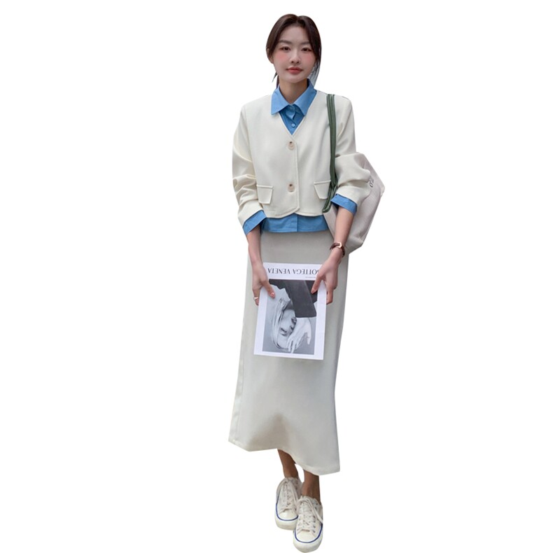 两件套裙子套装女2023春季新款韩版气质时尚衬衫拼接短款西装外套,女装套装/套裙,辉之琳