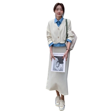 两件套裙子套装女2023春季新款韩版气质时尚衬衫拼接短款西装外套，女装套装/套裙，辉之琳