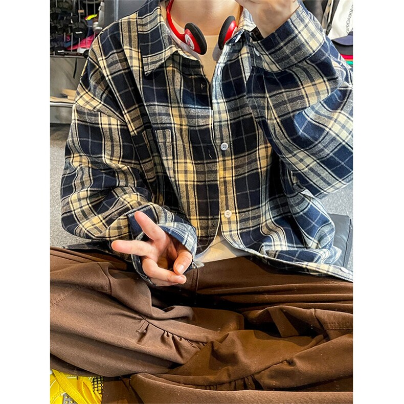 特批P30无差价2025春格子翻领长袖衬衫男女中性潮流大码衬衣C5450图片