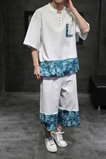 2021夏新拼接亚麻休闲大码boy口袋装饰黑洞风短袖套装TZ003-P70，男装套装，电商A082