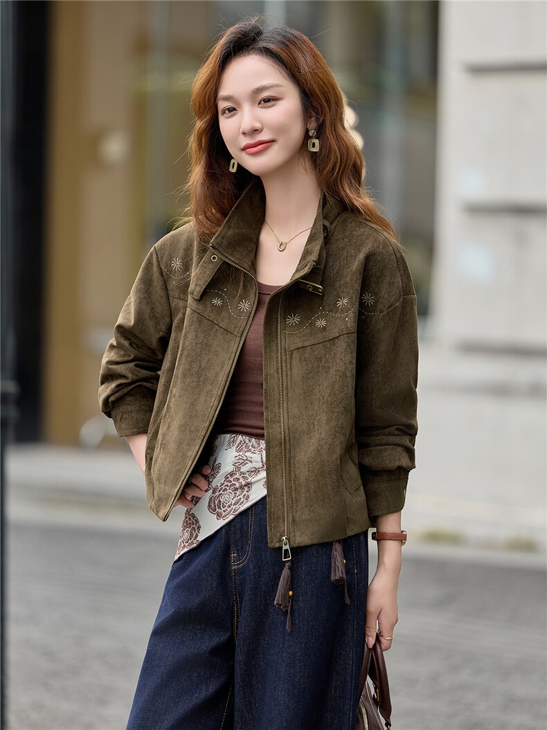 9213设计感刺绣麂皮绒休闲外套,女装短外套,依路服饰
