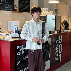 美式潮牌高街复古泡泡纱竖条纹日系肌理长袖衬衫男女休闲宽松衬衣，男装衬衫，电商A443