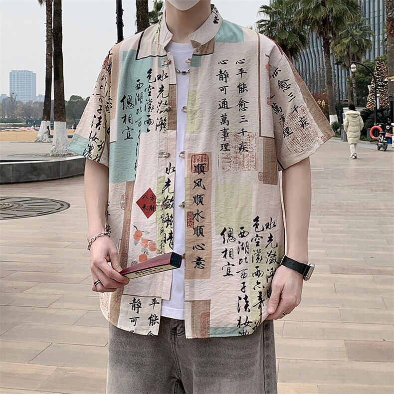 新中式唐装花衬衫男夏季潮流风盘扣短袖衬衣7003P40,男装衬衫,电商A056