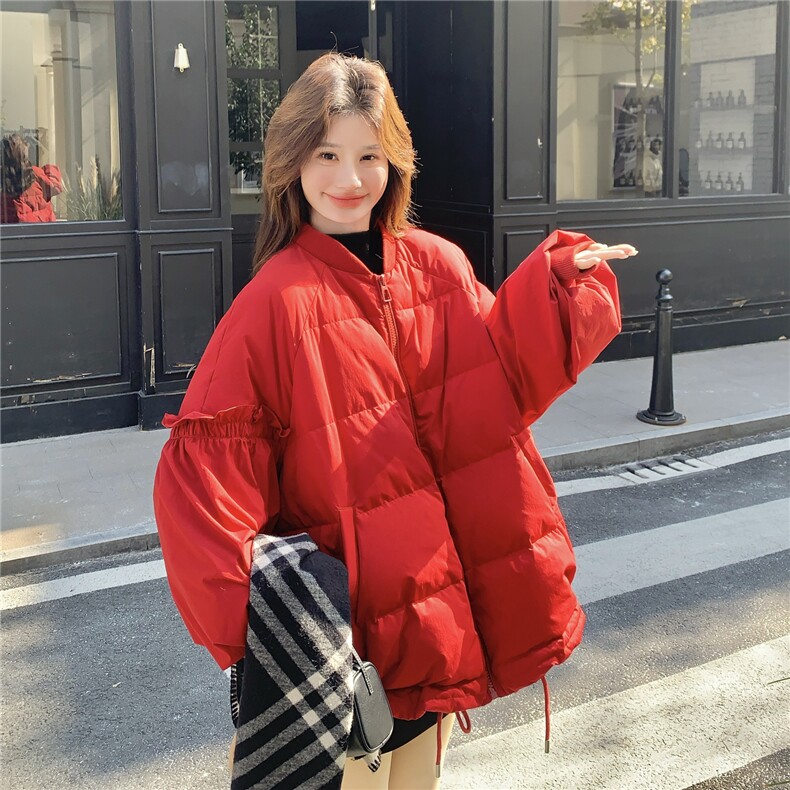 新年红色花边棒球羽绒服女2025新款韩版加厚宽松休闲90白鸭绒外套,女装羽绒服,维壹