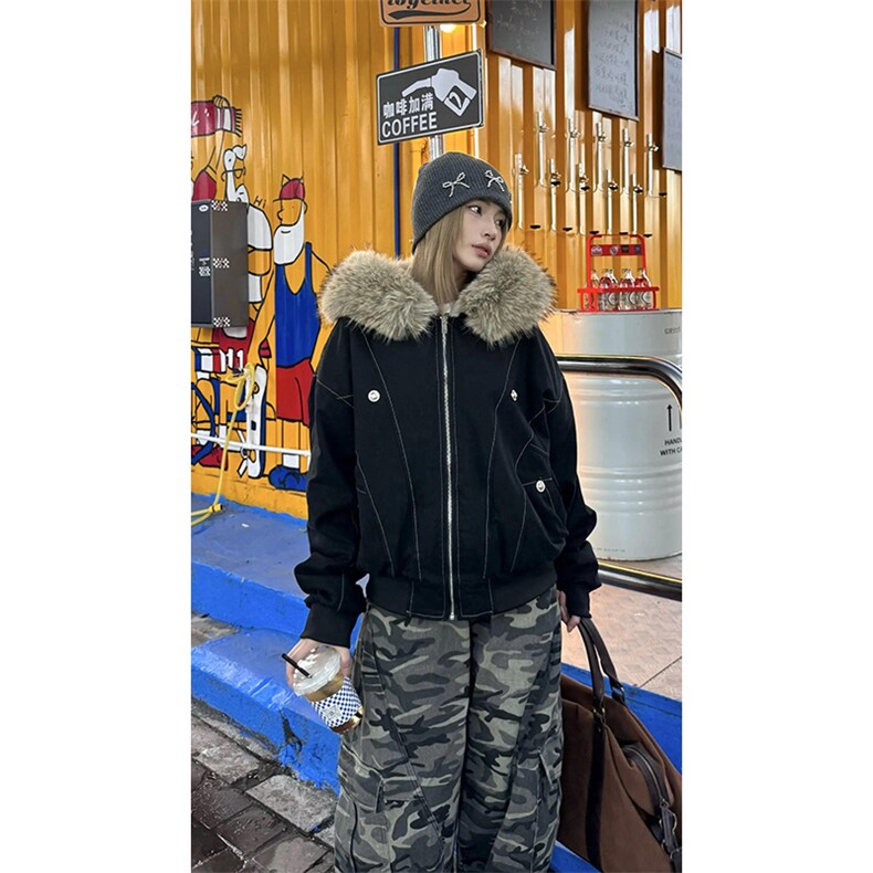现货重磅boxy短款棉衣座山雕大毛毛领男女棉服水洗工装厚外套图片