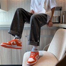牛仔裤男秋季高街水洗泼墨直筒裤子复古阔腿老爹裤潮牌NK0907-P45,胖妹黑色阔腿裤穿搭图片