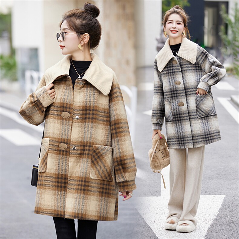 现货小香风双层活领保暖外套冬季新款女装时尚气质通勒小个子大衣，女装毛呢外套，韩美纤衣