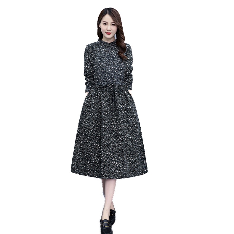 棉麻连衣裙子春款女春秋装2024年新款妈妈高端气质碎花打底中长裙,女装连衣裙,凝聚力