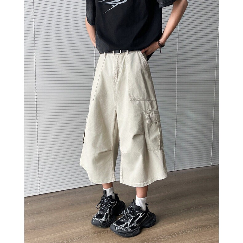 潮牌复古褶皱多口袋工装短裤男女美式夏季宽松百搭七分裤D084-P55,男装牛仔裤,星座308B-1