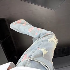 玫瑰花破洞牛仔裤男款美式高级感裤子潮牌痞帅炸街微喇直筒裤，男装牛仔裤，星座218-1（原230）