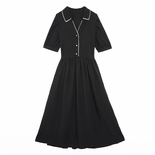 板酷2026夏装新款时尚短袖串珠装饰大摆中长款纯色连衣裙B633，女装连衣裙，板酷