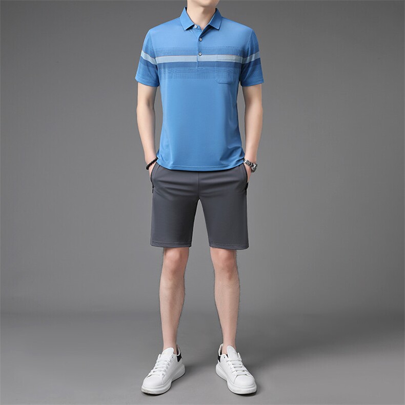 夏季中老年休闲运动套装冰丝短袖短裤爸爸装两件套爷爷衣服,男装休闲套装,钱塘6003（原4033）