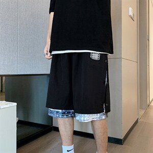 腰果花短裤男夏季嘻哈假两件排扣5六分裤高街ins潮中裤DK886-P28，男装休闲裤，星座308B-2
