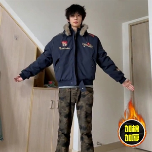 现货高品质美式高街重磅刺绣座山雕大毛毛领棉衣男女加厚棉服外套图片