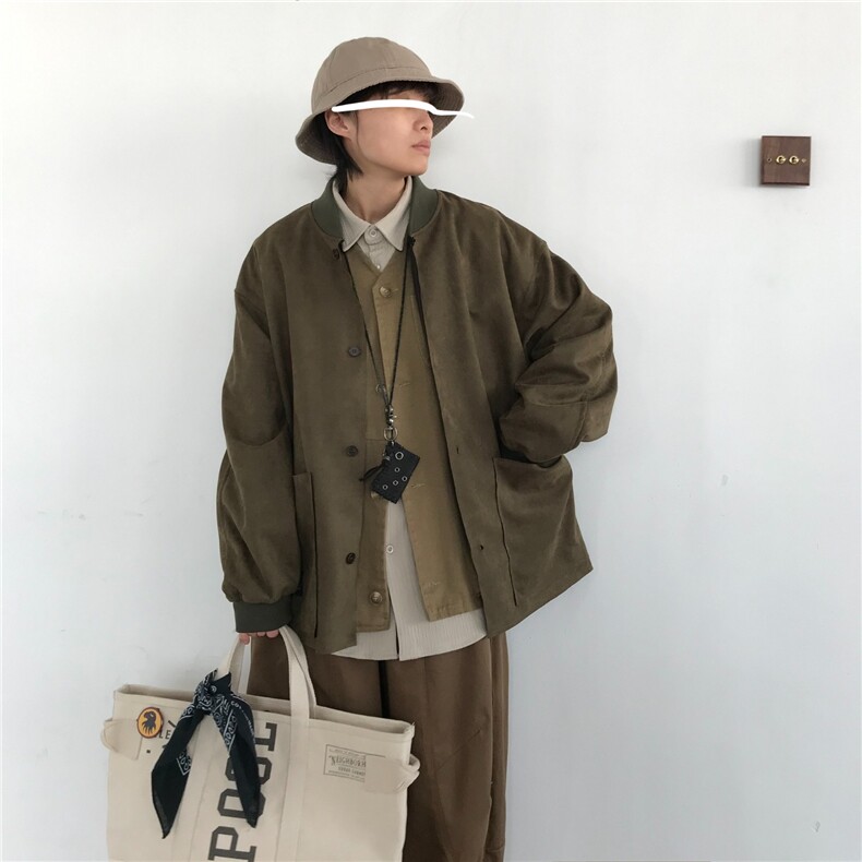 日系风秋季宽松外套工装男女同款圆领复古麂皮绒夹克JKC215,男装夹克,星座516A