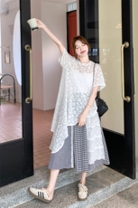 不规则设计感蕾丝上衣套装女夏新款盐甜系小个子拼接半身裙两件套，女装套装/套裙，2B237