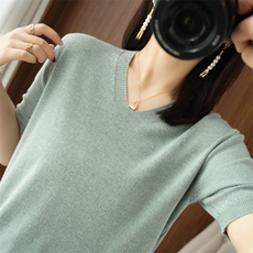 春秋短袖羊毛衫女V领半袖夏季毛衣修身衫薄款打底针织衫上衣，女装针织衫/毛衣，春韵羊绒