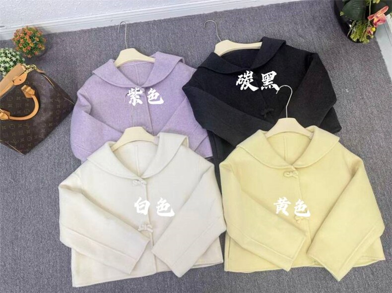 新款上新娃娃领色双面羊毛大衣女短款韩系百搭,女装双面呢大衣,依嘟服饰
