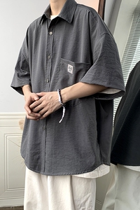夏季潮流纯色短袖衬衫男ins轻熟风宽松休闲冰丝衬衣港风 H225/P35图片