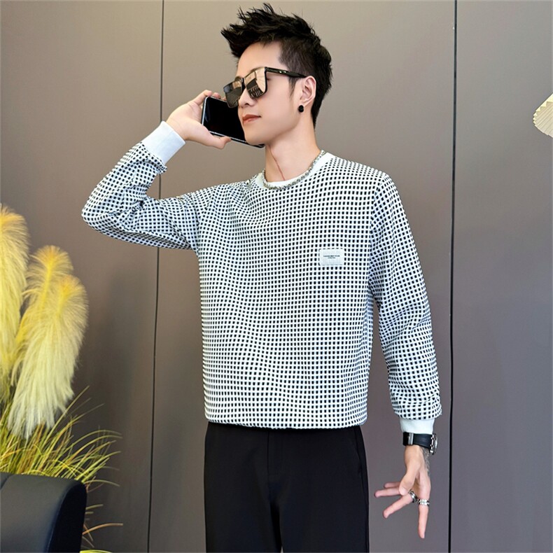 W7806-P58控78春秋季男千鸟格外套圆领长袖T恤2025新款男装上衣内,男装T恤,星座102A（原电商D309-1）