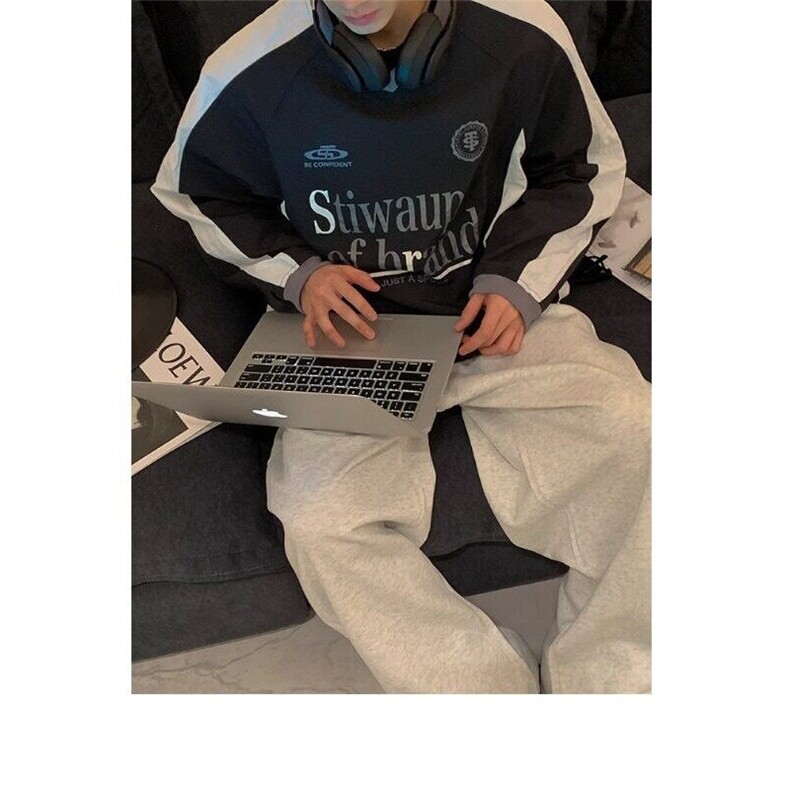 美式潮牌徽章标语撞色圆领卫衣春秋季拼接宽松休闲，男装卫衣，星座716-2