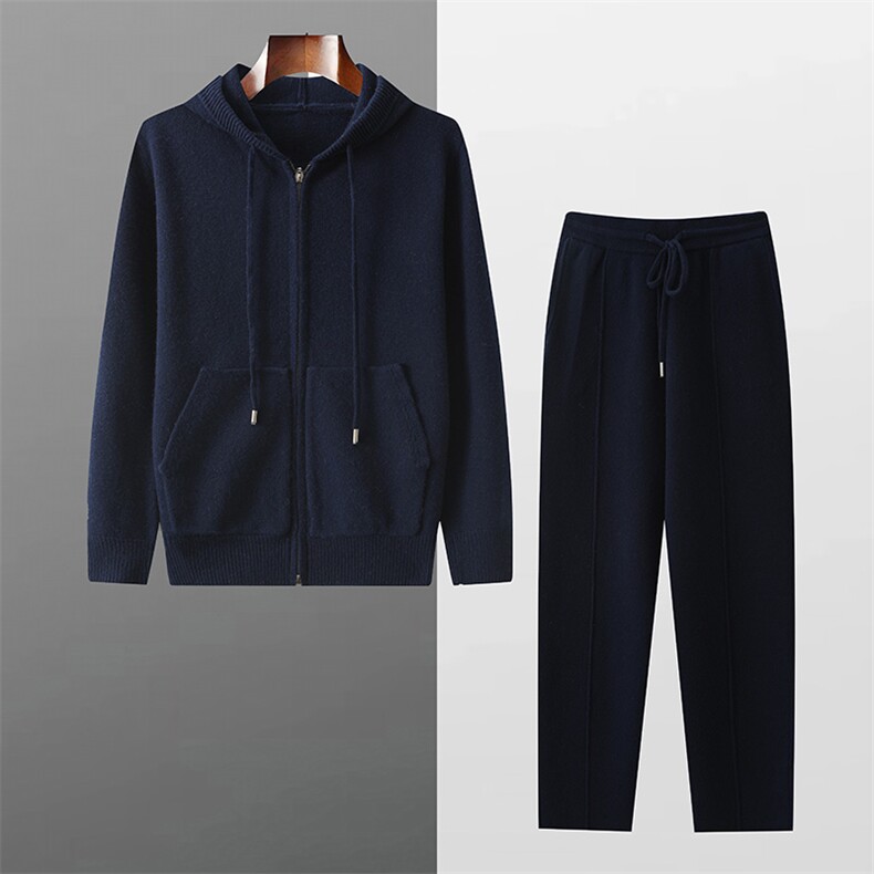2025秋季男士新款简约休闲连帽带兜开衫+小脚裤套装，男装休闲套装，江杉羊绒