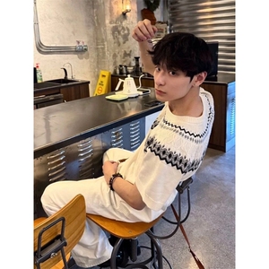 感针织短袖t恤男女夏季美式复古宽松慵懒提花半袖上衣DTX671图片