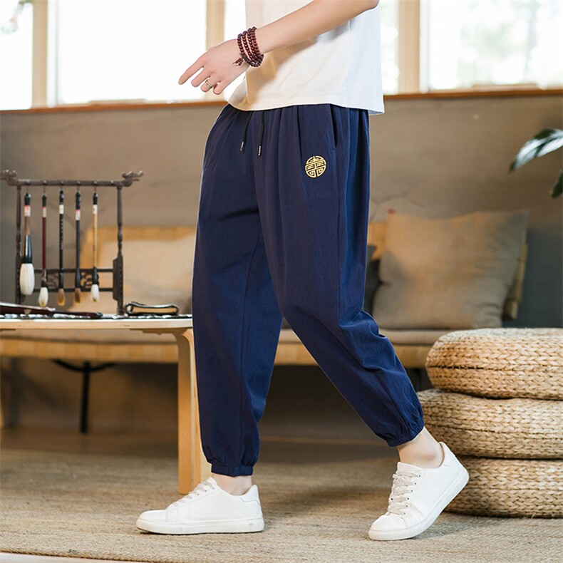 风棉麻宽松九分裤哈伦裤大码刺绣束脚休闲裤XZ314A-1-H01-P35，男装休闲裤，星座1513