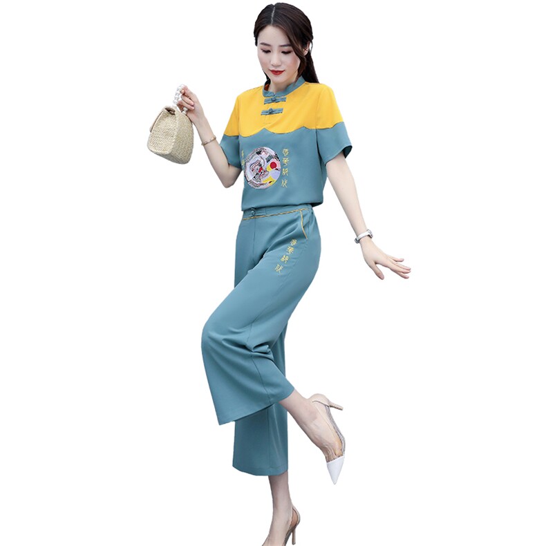 芷墨夏装新款时尚简约阔腿裤套装刺绣复古套装,女装套装/套裙,天丽