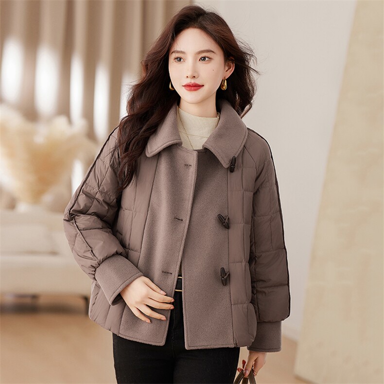 时尚毛呢拼接羽绒服女2023新款冬季宽松保暖白鸭绒短外套冬装,女装羽绒服,衣之秀