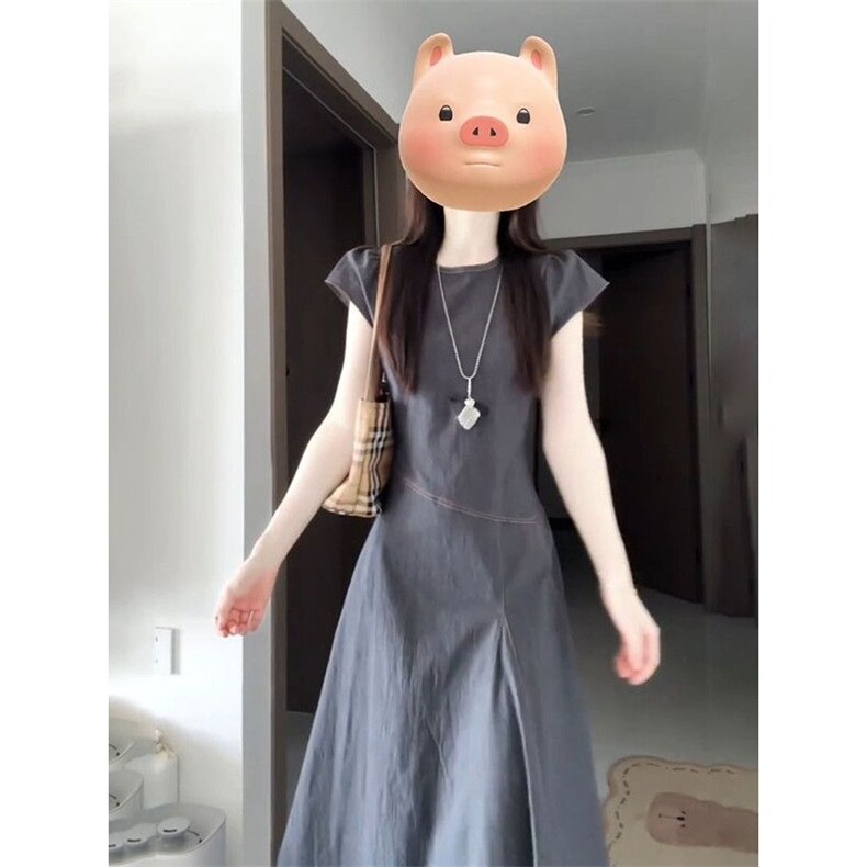 法式收腰灰色气质连衣裙2025夏季不规则圆领显瘦无袖裙子潮,女装连衣裙,星座1210-1